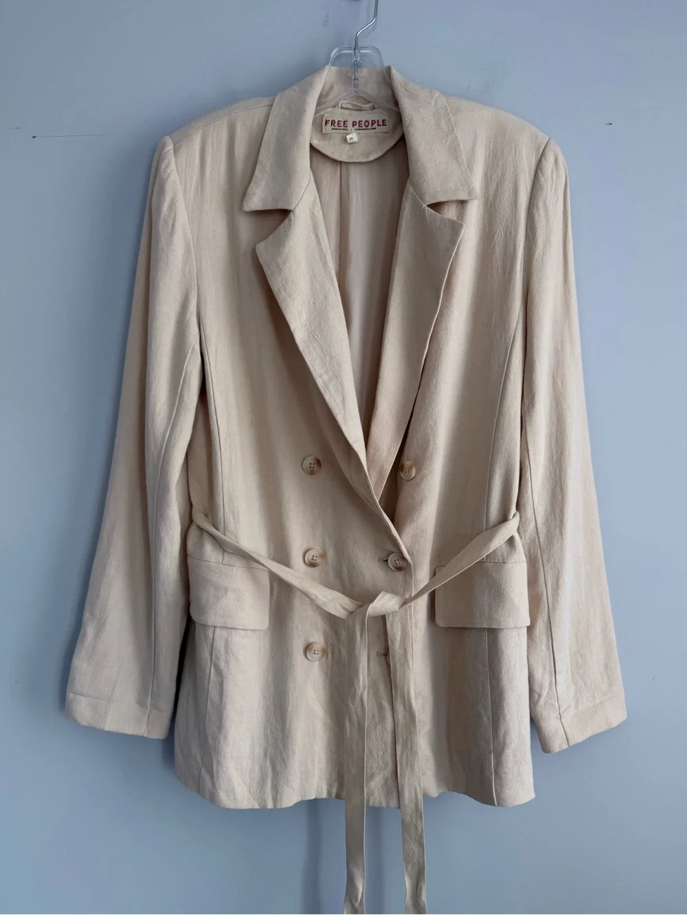 Free People Olivia Tie Front Blazer Neutral XS Linen Oversized Double Breasted